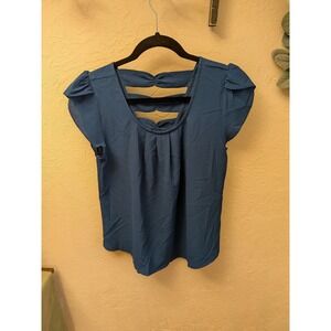 Teal Blue Bow Back Cap Sleeve Blouse Top Women's Shirt Size Small